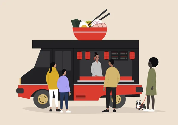 Een Japanse Ramen Food Truck Mensen Bestellen Wachten Hun Afhaaleten — Stockvector