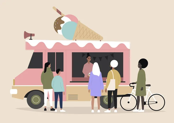 冰激凌餐车 人们点菜等候 夏季都市生活方式 — 图库矢量图片