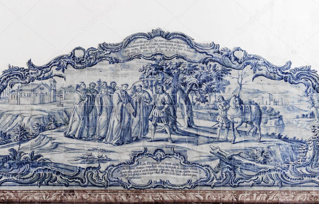 ALCOBACA, PORTUGAL - Azulejos depicting a religious scene in the Mosteiro de Santa Maria de Alcobaca