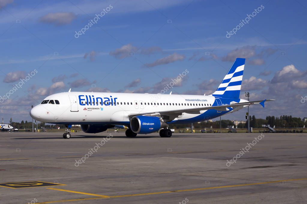 Borispol, Ukraine - October 05, 2018: SX-EMJ Ellinair Airbus A320-200 aircraft on the parking area