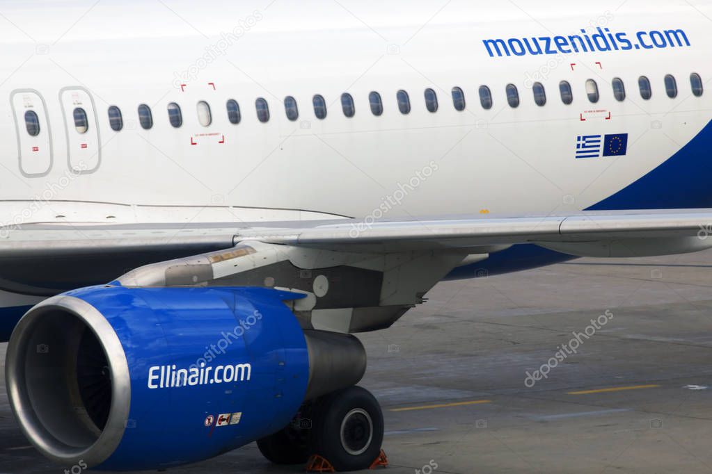 Borispol, Ukraine - October 05, 2018: Engine of the modern passenger jet aircraft