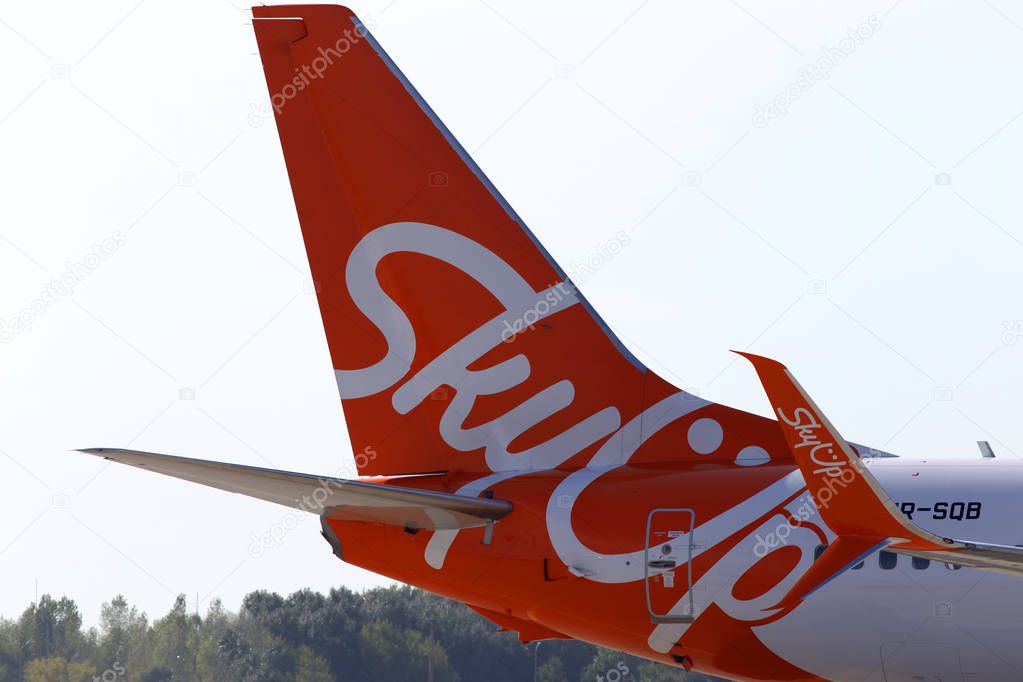 Borispol, Ukraine - September 10, 2019: A part of UR-SQB SkyUp Airlines Boeing 737-800 aircraft with logo
