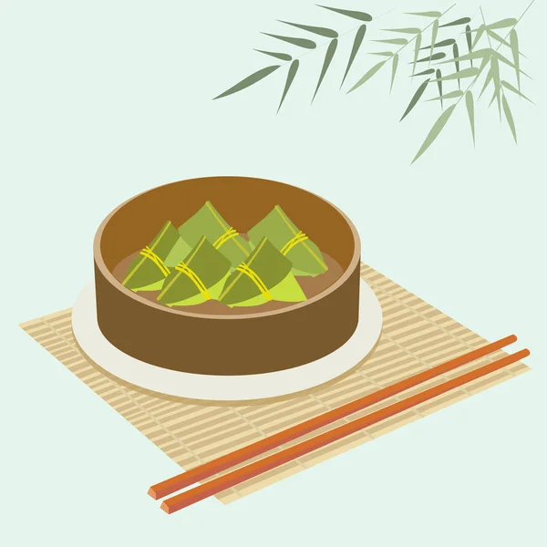 Albóndigas de arroz en vapor de alimentos de bambú — Vector de stock