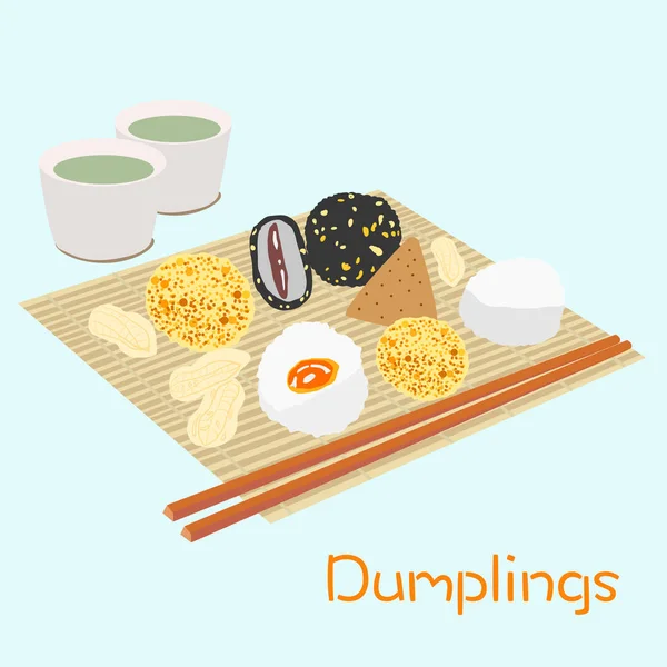 Diferentes albóndigas de arroz sobre mesa de bambú — Vector de stock