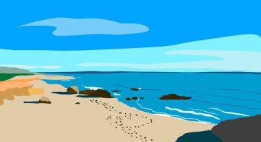 Taşlı uzun kum plajında sahil manzarası