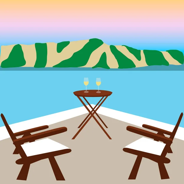 Two wooden chairs on balcony with view on seafront — Stock Vector