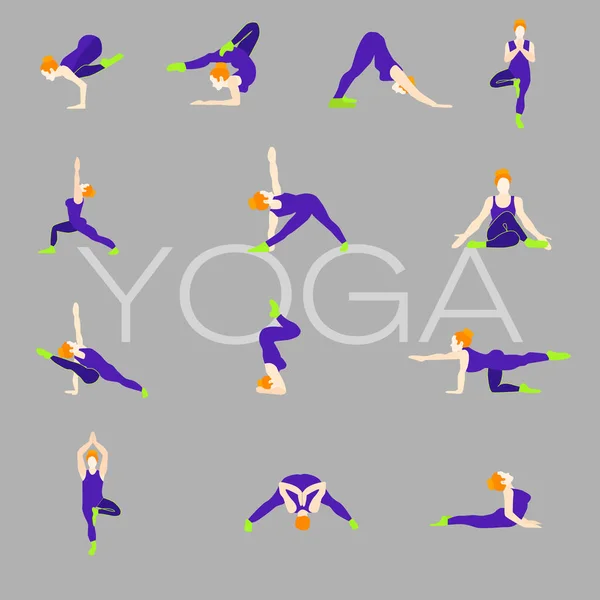 Yoga poses definido no fundo cinza — Vetor de Stock