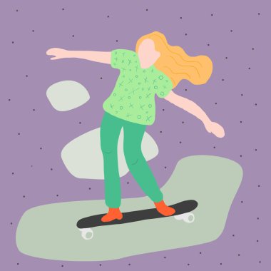 Kaykaya binen kız. Cool vektör kız karakter sürme longboard kaykay. Denim biniş kaykay kendine güvenen yetişkin kadın. Kentsel kadın vatandaş karakteri. düz illüstrasyon.