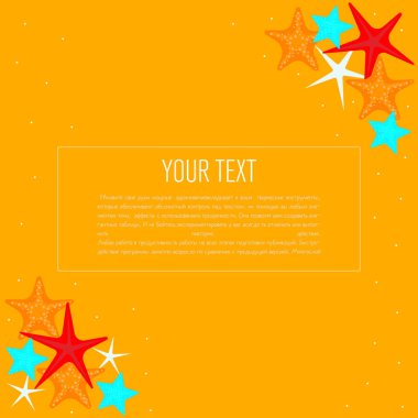 Yaz Deniz denizyıldızı Kartpostal Tasarım.Dekorasyon için farklı denizyıldızı sorunsuz sınırları ile sevimli yaz arka plan. Parlak renklerde vektör illüstrasyon. Metin Yeri ile Arka Plan