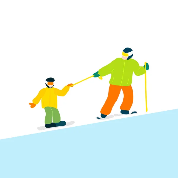 Hijo y papá en la colina de nieve ir a esquiar . — Archivo Imágenes Vectoriales