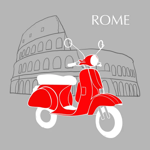 罗马的黑线竞技场和红色的滑板车 意大利的象征孤立在灰色的背景 Colosseum标志 古罗马的象征 角斗士战斗 病媒图解 — 图库矢量图片
