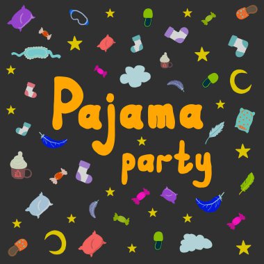 Pijama partisi mesajı. Pijama partisi için desenli. Siyah arkaplanda iyi bir uyku için vektör renkli elementler. 