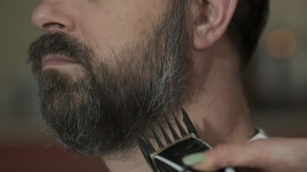 Una Mujer Corta Cabello Marido Con Cortador Eléctrico Cocina Durante — Vídeos de Stock