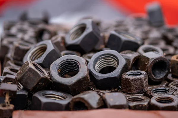 Lots Big Black Nuts Bolts Nicely Stacked Box — Stock Photo, Image