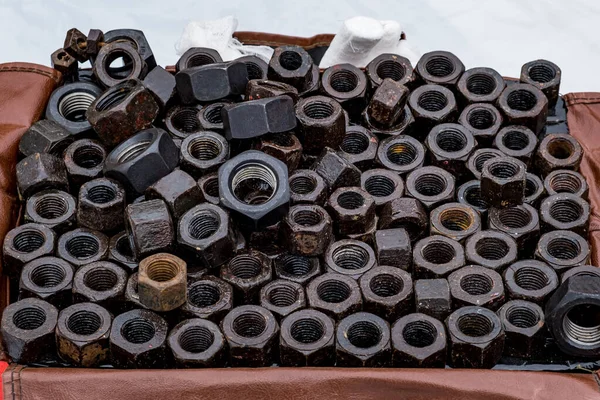 Lots Big Black Nuts Bolts Nicely Stacked Box — Stock Photo, Image