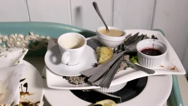 Piles Dirty Dishes Food Remnants Collected Banquet Tables Restaurant Camera — Stock Video