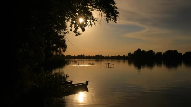 Beautiful View River Sunset Black Silhouettes Trees Boats Wooden Piers — Stock Video