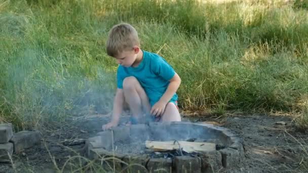 Een Kleine Jongen Probeert Een Vuur Aan Steken Met Gras — Stockvideo