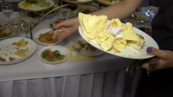 Waitress Clears Plate Garbage Banquet — Stock Video