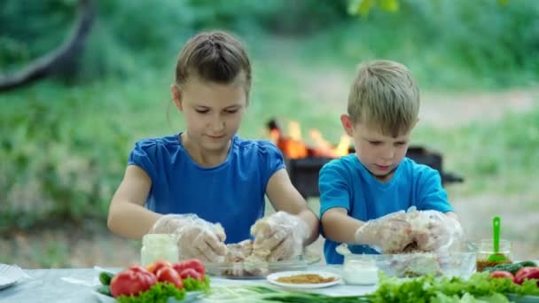 Ένα Μικρό Αγόρι Και Ένα Κορίτσι Ανακατεύουν Ωμό Κρέας Μπαχαρικά — Αρχείο Βίντεο