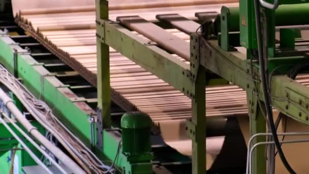 生产纸板箱的企业 工厂背景下折叠纸板排的闭合图像 纸板箱的制造 — 图库视频影像