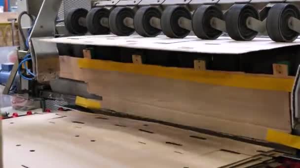 Ligne de convoyeur pour la production de boîtes. Machine à sculpter des boîtes en carton à partir de feuilles de carton. Entreprise pour les conteneurs de production . — Video