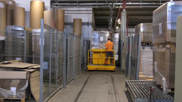 Entreprise pour la production de conteneurs en carton. Courroie transporteuse mobile avec boîtes en carton le long du couloir sur le lieu de travail. Entrepôt de produits finis. — Video