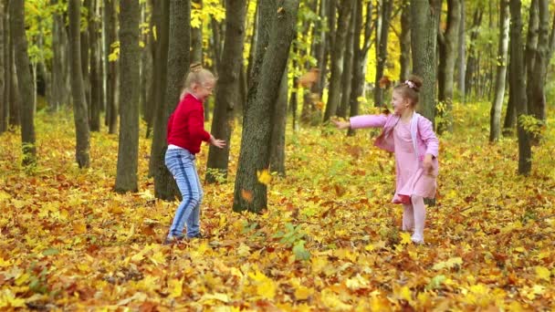 Zwei Schöne Kleine Mädchen Spielen Herbstpark Und Werfen Gelbe Blätter — Stockvideo