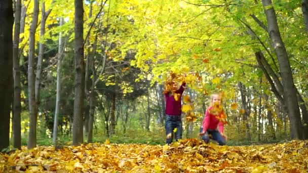 两个小女孩在秋天的公园里玩耍 吐出黄叶 高兴地跳起来 — 图库视频影像