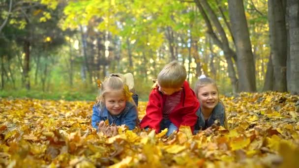 Malý Chlapec Dvě Dívky Hrají Podzim Parku Žlutými Listy Ležícími — Stock video