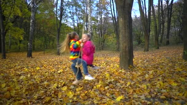 Twee Meisjes Rijden Een Schommel Herfst Natuur Het Park — Stockvideo