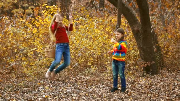 Zwei Kleine Mädchen Spielen Mit Der Seilschaukel Und Schaukeln Sich — Stockvideo