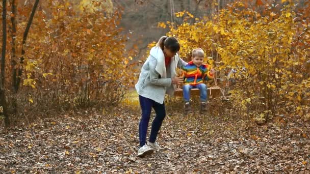 Mãe Balança Balanço Seu Filhinho Outono Park Menino Alegra — Vídeo de Stock