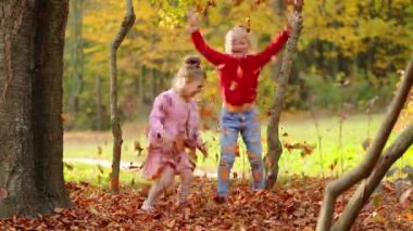 İki küçük kız parka sonbahar yaprakları fırlatıyor. Çocuklar sonbahar parkında oynarlar. Sarı akçaağaç yaprakları atan çocuklar. Düşen yapraklar. Sonbaharda aile eğlencesi.