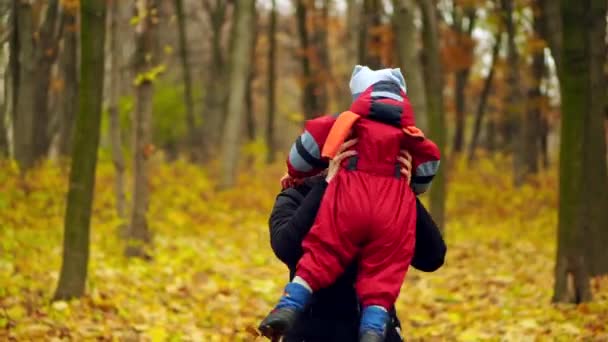 Junge Frau Und Junge Alter Von Jahren Vergnügen Sich Herbstpark — Stockvideo