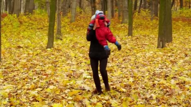 Junge Frau Und Junge Alter Von Jahren Vergnügen Sich Herbstpark — Stockvideo