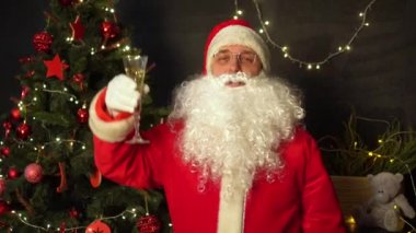 Noel Baba mutlu Noeller diliyor ve bir kadeh şampanya içiyor..
