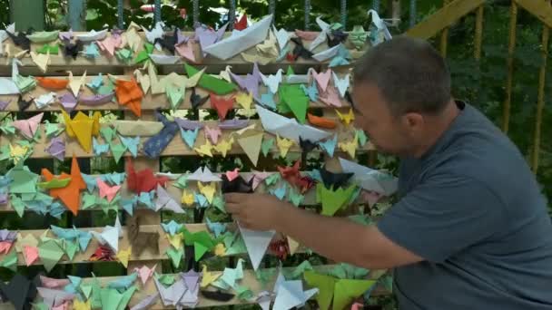 Bărbat Corectează Origami Hârtie Stand Parc Hârtie Păsări Macarale Bărci — Videoclip de stoc