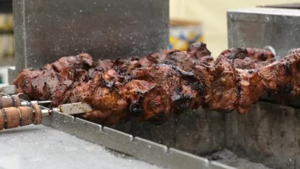 Assar Carne Braseiro Elétrico Grande Cozinha Profissional Espetos Estão Girando — Vídeo de Stock