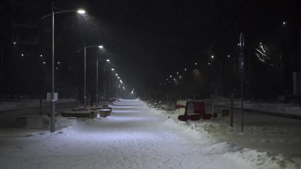 Ulicy Nocnego Miasta Pada Śnieg — Wideo stockowe