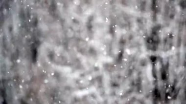 Kış karı. Snow Slow motion açık havada doğal arka planda çekildi. Kar yağışlı kış günlerinde karlı hava. Bulanık soyut arkaplan.