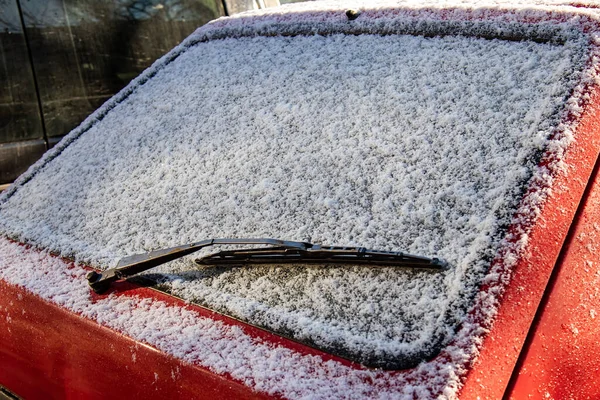 Car back window covered with snow. After snowfall