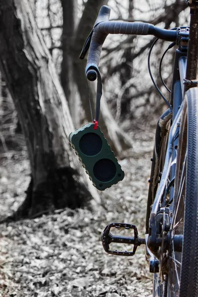 Tragbarer Bluetooth-Lautsprecher auf dem Fahrrad im Wald — Stockfoto