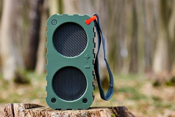 Ormanda bir ağaç kütüğü üzerinde taşınabilir Bluetooth sözcü