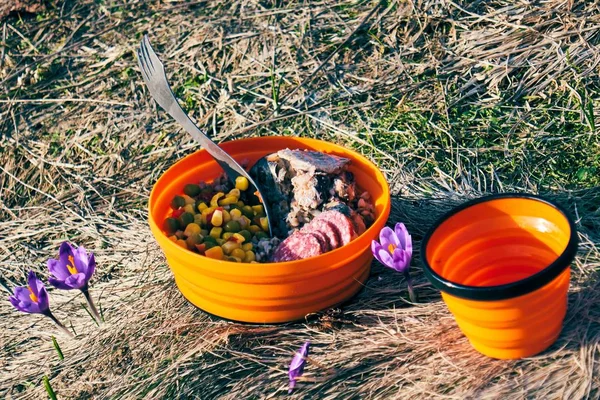 kamp akşam yemeği turist , gün batımı arka planda çiğdem çiçekleri arasında çim üzerinde bir katlanır plaka ve bir fincan