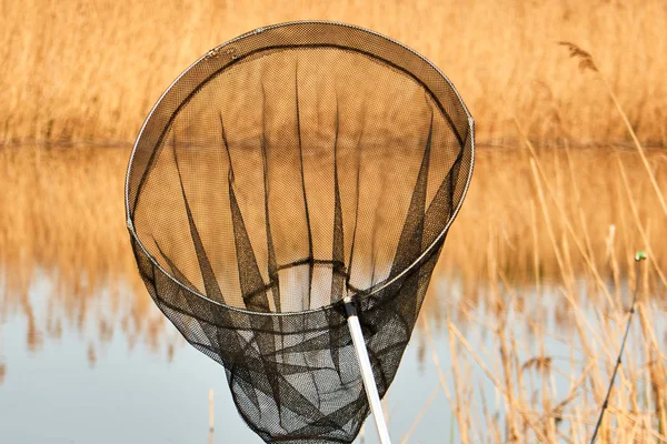 日没を背景にした魚の計量、漁網のための釣り道具 — ストック写真