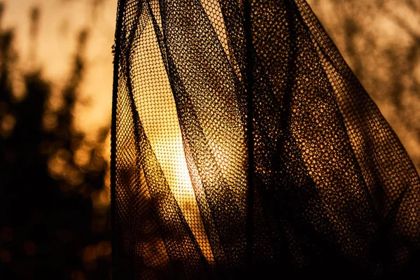 Fiskeutrustning för fisk vägning, fiske nät mot bakgrund av solnedgången — Stockfoto