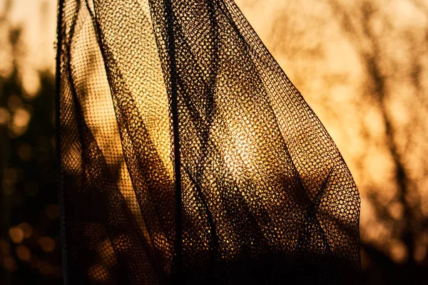 Fiskeutrustning för fisk vägning, fiske nät mot bakgrund av solnedgången — Stockfoto