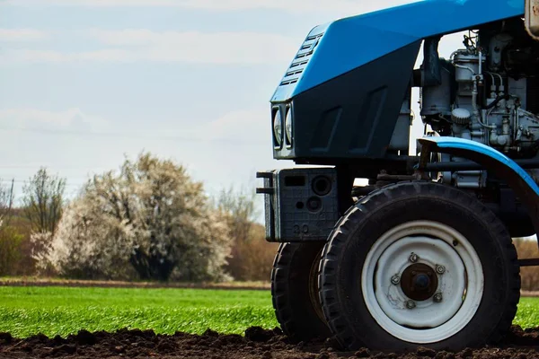 Een tractor op het veld plantaardige aardappelen en cultiveert de grond, het planten van aardappelen met een kleine trekker — Stockfoto