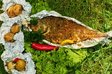 yeşil arka planda sebze ile pişmiş balık ve patates